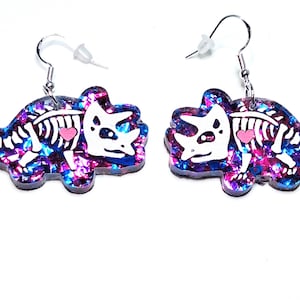 Triceratops Dinosaur Skeleton Dangle Earrings in Purple Chunky Glitter, Retro, Vaporwave, Halloween, Cute Spooky, Fun Dinosaur Earrings