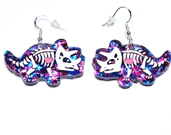 Triceratops Skeleton Dangle Earrings in Purple Chunky Glitter, Retro, Vaporwave, Halloween, Cute Spooky, Whimsical Fun Earrings