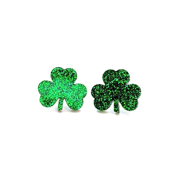 Large Green Sparkle Glitter Acrylic Clover Shamrock Stud .75 inch Earrings for St. Patrick's Day | St. Paddy's Day | Luck & Lucky