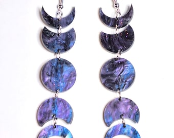 Mystic Purple Moons in Deep Purple with Glitter Swirls Acrylic Moon Phase Dangle Earrings, Halloween, Witchy, Witch, Spooky Scary