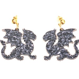 Dragon Black Glitter Dangle Earrings, Tairn-Inspired Dragon, Fourth Wing-Inspired Earrings, Whimsical Earrings, Bookish Literary Earrings