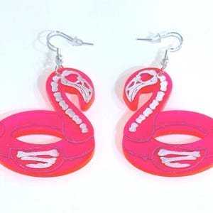 Neon Pink Flamingo Skeleton Floatie Dangle Earrings, Halloween, Cute Spooky, Whimsical Fun, Big Flamingo Floaty, Summerween, Goth Earrings