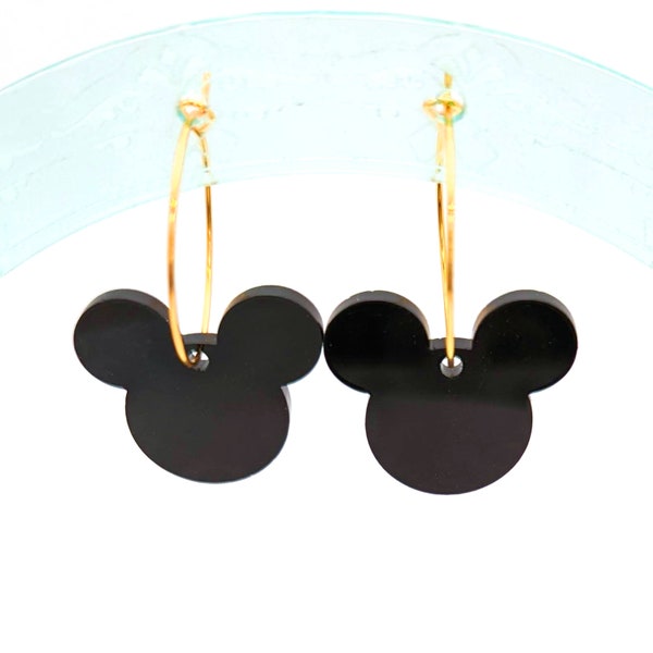 Classic Black Acrylic Mickey Mouse Head on 1 Inch Silver-Plated or Gold-Plated Hoop Dangle Earrings | Disney | Disney-Inspired