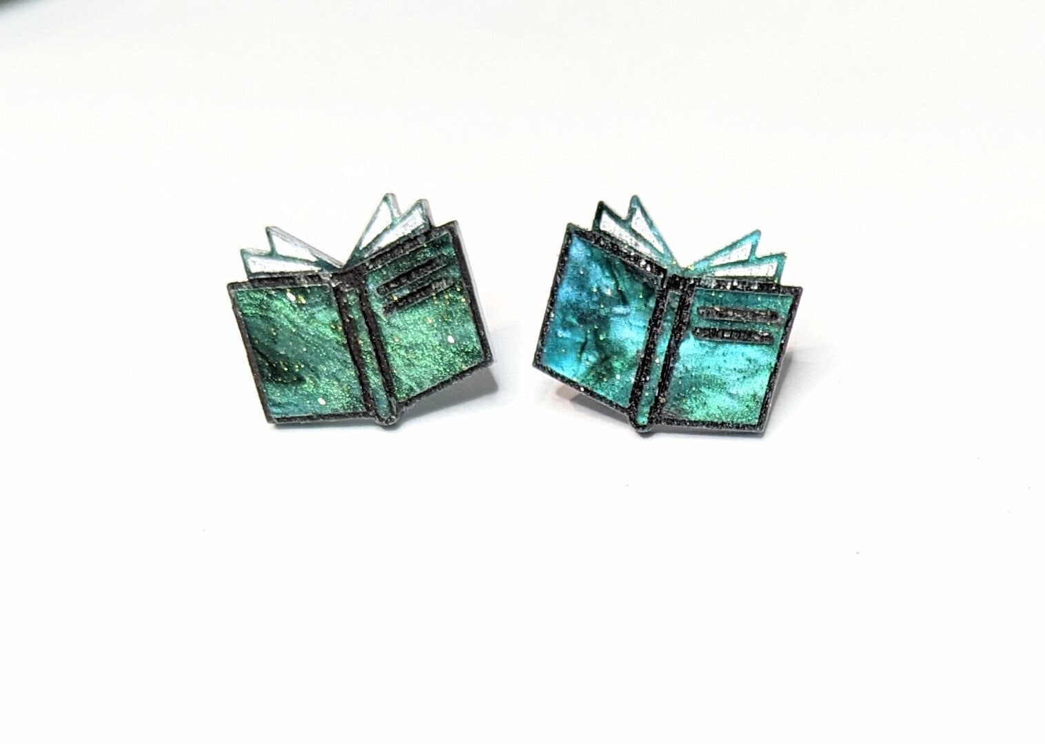 Cute Book Stud Earrings in Teal Glitter Swirl Acrylic, Whimsical Earrings, Literary Earrings, Librarian Book Jewelry