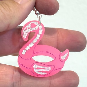 Small Neon Pink Glowing Flamingo Skeleton Floatie Dangle Earrings, Cute Spooky, Whimsical Fun Earrings, Flamingo Floaty, Summerween
