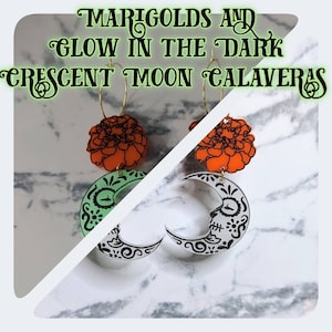 Orange Marigold and Glowing Sugar Skull Calavera Dangle Earrings, Day of the Dead, Dia de Los Muertos Halloween, Crescent Moon Earrings