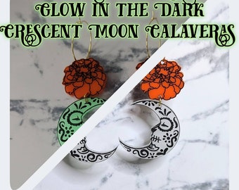 Orange Marigold and Glowing Sugar Skull Calavera Dangle Earrings, Day of the Dead, Dia de Los Muertos Halloween, Crescent Moon Earrings