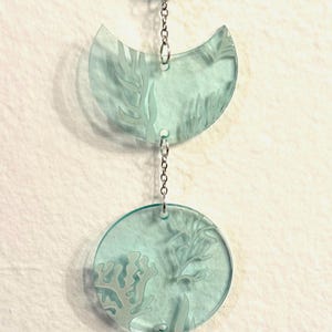 Celestial Moon Phase Home Decor in Sea Glass Acrylic with Engraved Corals & Seaweeds, 2 Inch Wide Moon Phases Dangle Wall Art, Wall Hanging