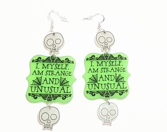 Glow Neon Green Beetlejuice-Inspired &#39;Strange and Unusual&#39; Quote with Glow Skulls Dangle Earring, Retro Movie, Beetlejuice, Spooky Whimsical