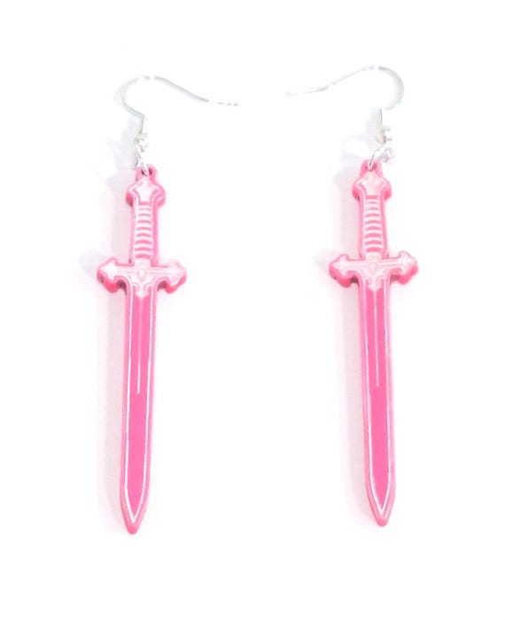 Castlecore Long Sword Dangle Earrings in Hot Pink Metallic Acrylic, Edgy Fantasy Statement Earrings, Sword Earrings, Romantasy Sword