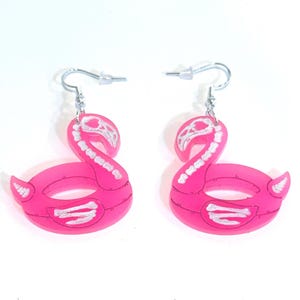 Neon Pink Glowing Flamingo Skeleton Floatie Dangle Earrings, Cute Spooky, Whimsical Fun Earrings, Flamingo Floaty, Summerween