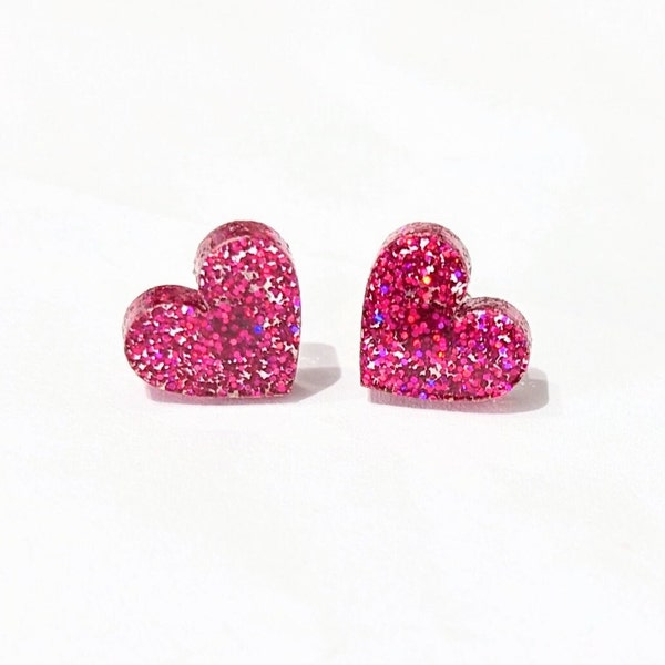 Heart Stud in Magenta or Red Sparkle Glitter Acrylic, Heart Stud 14mm Earrings for Valentine's Day, Everyday Simple Romantic, Gift for Her