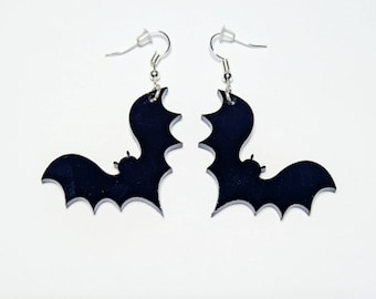 Bat Dangle Earrings in Classic Black, Large Acrylic Dangle & Drop Earrings, Spooky Earrings, Bats, Halloween, Whimsical, Goth Earrings