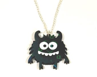 Silly Monster Pendant Necklace in Dark Holographic Hearts Acrylic, Retro, Vaporwave, Halloween, Cute Spooky, Whimsical Fun Earrings