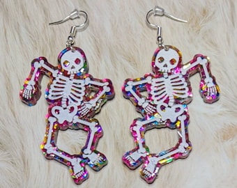 Asymmetrical Mix & Match Dancing Skeletons in Pink Glitter Acrylic, Fun Spooky Dangle Earrings, Skeleton, Whimsical, Halloween, Summerween