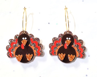 Fall Glitter 3D Turkey Hoop Dangle Earrings, Fall Earrings, Thanksgiving Earrings, Gift for Her, Thanksgiving Decor
