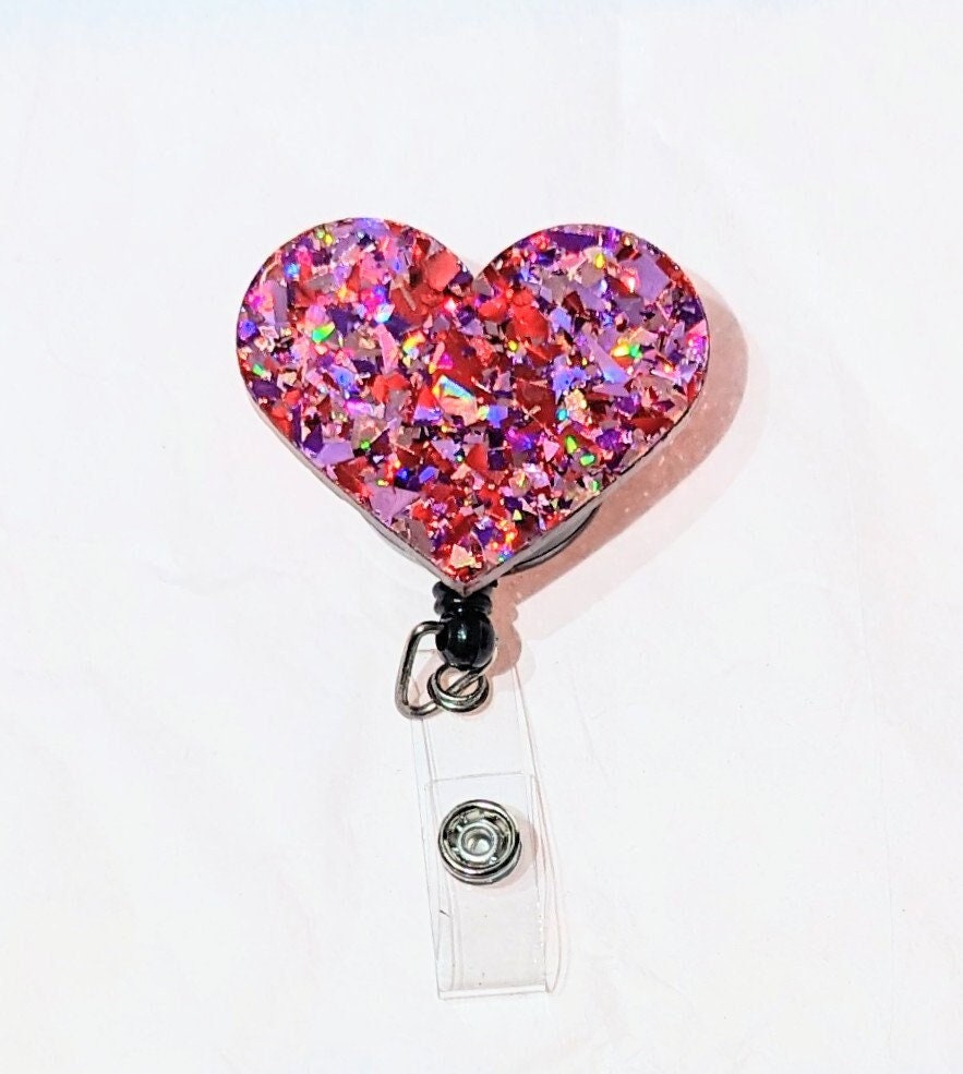 Red and Pink Chunky Glitter Heart Retractable Black Badge Reel, Valentine's Day Badge Reel, Heart Badge Reel, Sparkling Heart