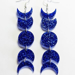 Moon Phases in Blue Sparkle Glitter Acrylic Moon Phase Dangle Earrings, Fall Earrings, Halloween, Witchy, Witch, Spooky Scary