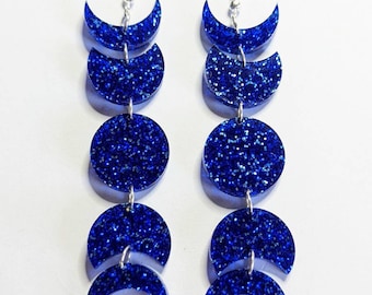 Moon Phases in Blue Sparkle Glitter Acrylic Moon Phase Dangle Earrings, Fall Earrings, Halloween, Witchy, Witch, Spooky Scary