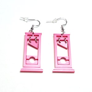 Mini Metallic Hot Pink Guillotines Earrings in Metallic Pink Acrylic, Guillotine Dangle Earrings, Spooky Scary, Pink Earrings, Ew Valentine