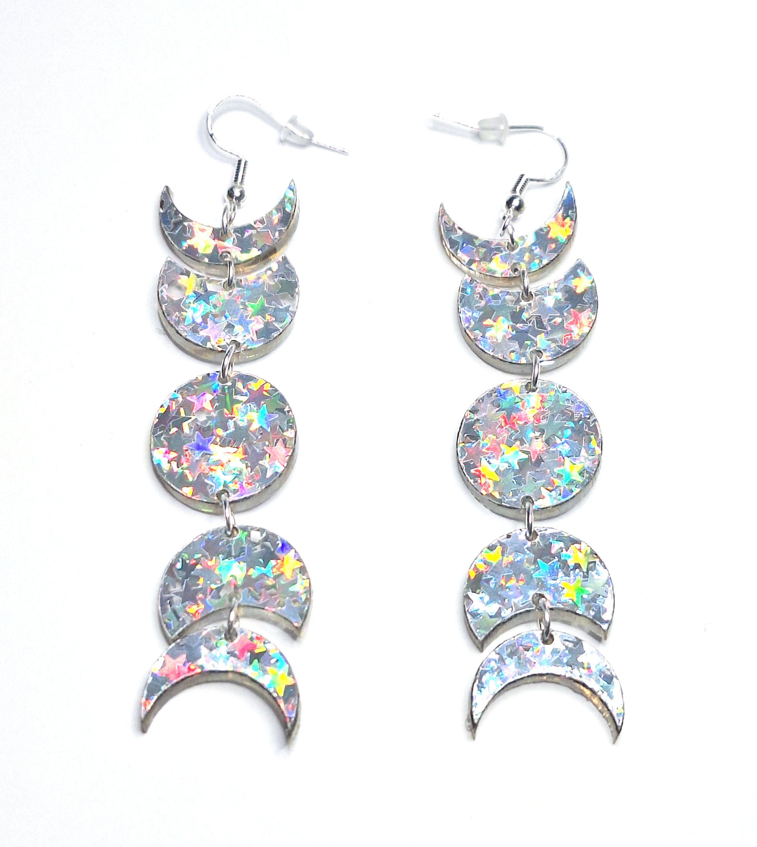 Mystic Glitter Moons in Silver Holographic Star Glitter Acrylic Moon Phase Dangle Earrings, EDM, Witchy, Witch, EDM Accessory, Festival gear