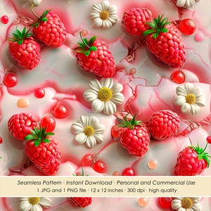 May include: A seamless pattern with vibrant red raspberries, white daisies, and small red spheres on a pink and white marbled backdrop. The image includes the text: "Seamless Pattern - Instant Download - Personal and Commercial Use".