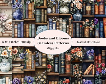 Floral Bookshelf Seamless Pattern, Book Lover Digital Paper (Digital Download)