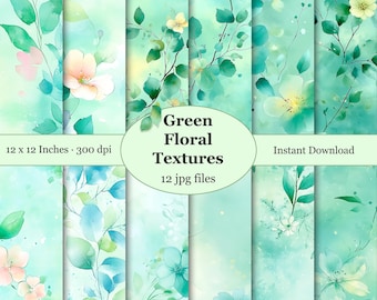 Green Floral Digital Paper: Watercolor Flower Seamless Pattern (12x12 inch JPG, Digital Download)