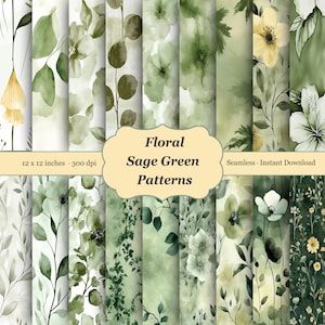 May include: A collection of floral sage green patterns. The designs feature watercolor-style illustrations of flowers and foliage in shades of green, with a soft, artistic aesthetic. The text reads "Floral Sage Green Patterns" and "12 x 12 inches - 300 dpi".