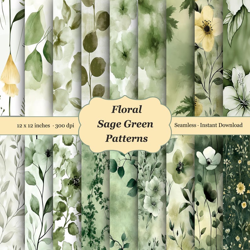 Sage Green Floral Digital Paper Watercolor Texture, Sage Green Seamless ...