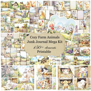 May include: A collage of watercolor illustrations featuring farm animals and rural scenes. The images include sheep, cats, dogs, horses, and pigs. The text on the image reads "Cozy Farm Animals Junk Journal Mega Kit 150+ elements Printable."