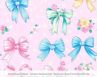 Coquette Bow naadloze bloemmotief, schattige strikken digitaal papier, herhalend coquette Bow patroon PNG en JPG, Bow patroon digitale download