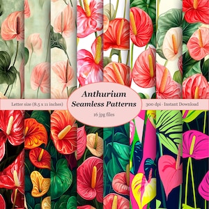 May include: A collection of seamless patterns featuring vibrant anthurium flowers in various colors, including red, pink, and white. The patterns are available in letter size (8.5 x 11 inches) and are 300 dpi. The image includes the text "Anthurium Seamless Patterns".