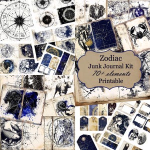Puede incluir: Un kit de diario de chatarra imprimible con un tema zodiacal. El kit incluye más de 70 elementos, incluyendo ilustraciones de signos del zodíaco, constelaciones y cuerpos celestes. El kit está diseñado para su uso en scrapbooking, creación de tarjetas y otras manualidades de papel.