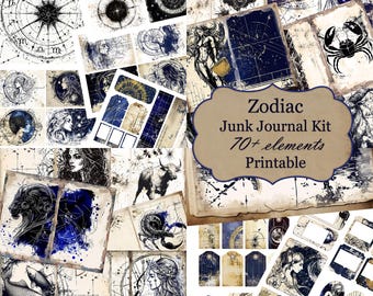 Zodiac Junk Journal Kit, Zodiac Junk Journal Pages & Paper, Astrology Journal Printable, Celestial Papers, Vintage Ephemera Digital Download
