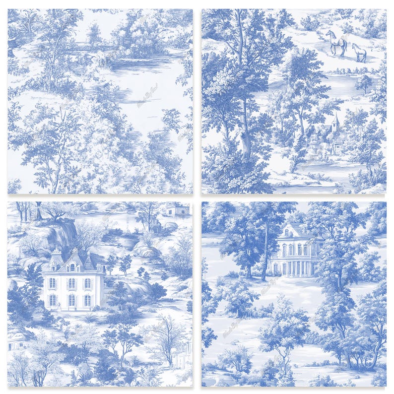 Blue Toile De Jouy Seamless Pattern Digital Paper, French Toile De Jouy ...
