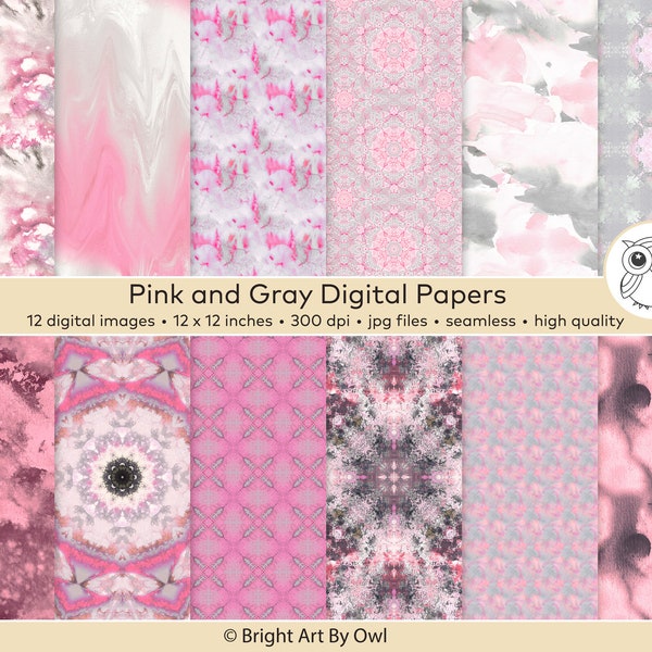 Pink and Gray Digital Paper, Watercolor Stains, Patterns, Pink & Gray Backgrounds, Scrapbook Paper Instant Download, 300 dpi