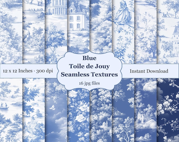 Blue Toile De Jouy Seamless Pattern Digital Paper, French Toile De Jouy ...