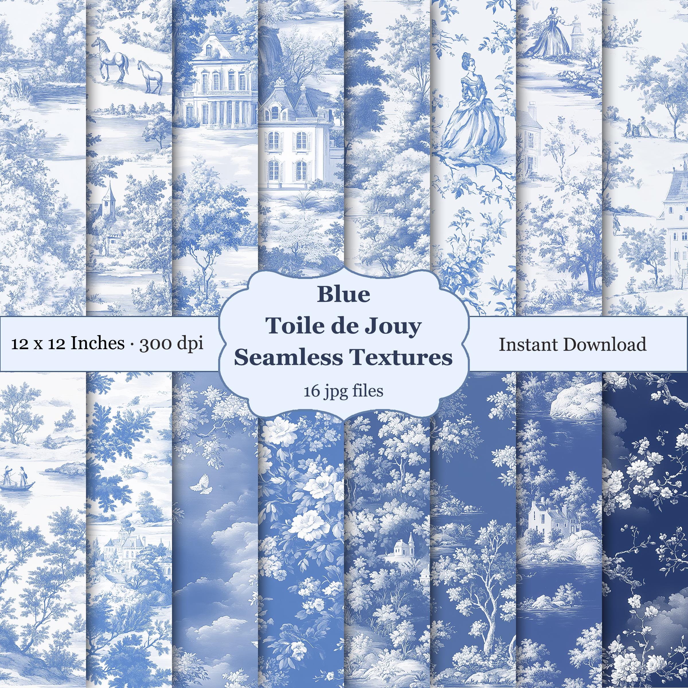 Blue Toile de Jouy Seamless Pattern Digital Paper, French Toile de Jouy Scrapbook Textures Commercial Use, Chinoiserie Printable Paper Pack