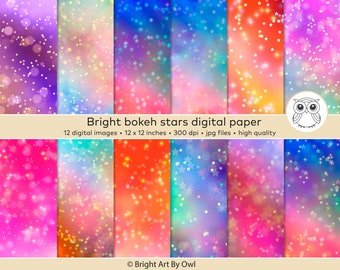 Stars Bokeh Digital Paper, Rainbow Ombre Backgrounds (Digital Download)
