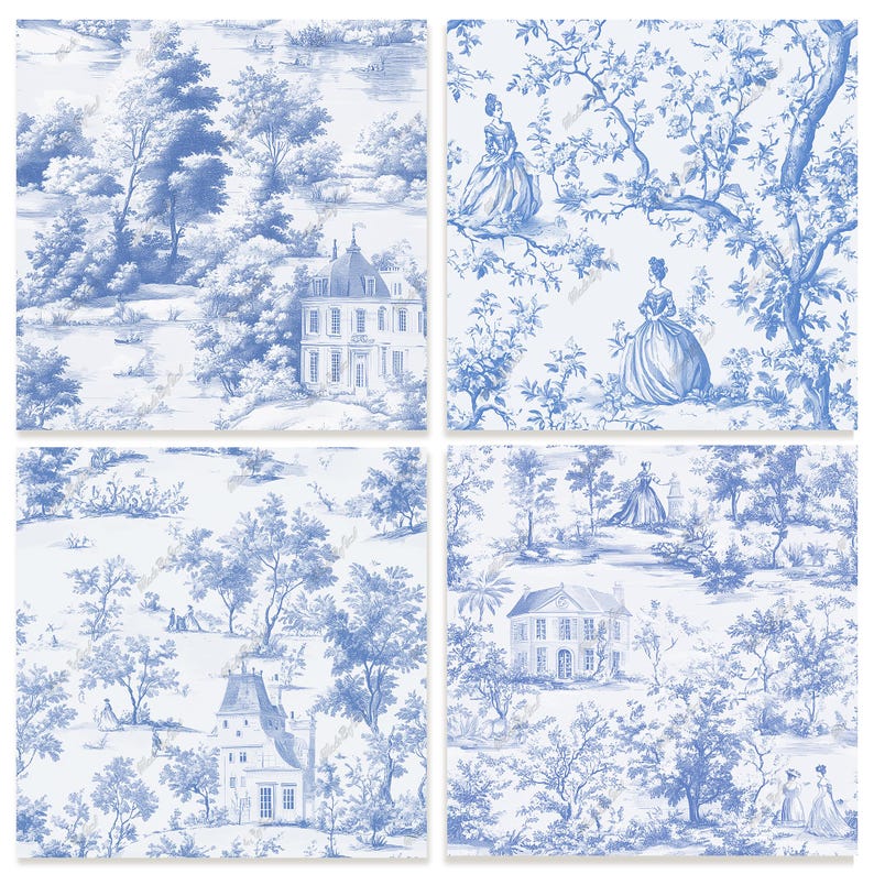 Blue Toile De Jouy Seamless Pattern Digital Paper, French Toile De Jouy ...