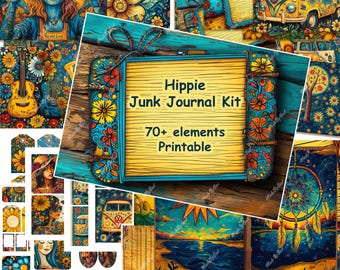 Hippie Junk Journal Kit with Portraits, Whimsical Boho Journal Pages, Hippie Junk Journal Printables, Hippie Journal Paper Digital Download