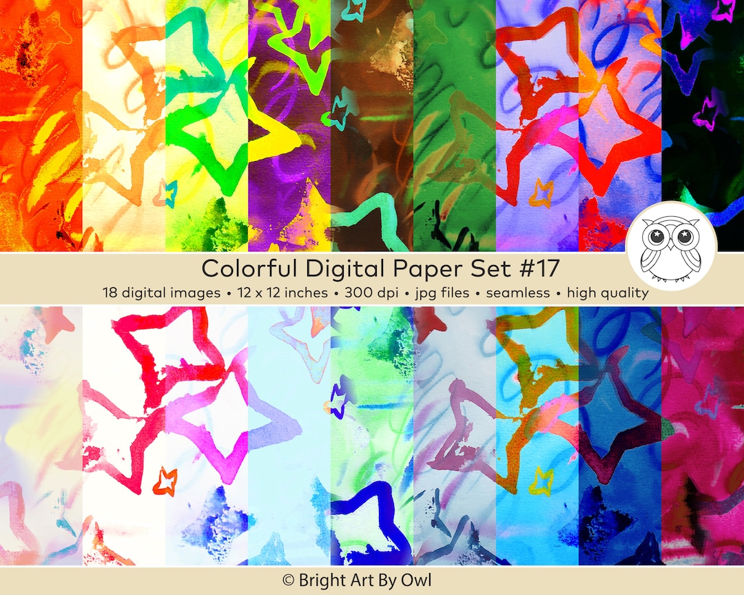 Rainbow Watercolor Stars Digital Papers, Colorful Watercolor Backdrops ...