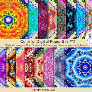 Colorful Mandala Digital Papers, Mandala Digital Clipart, Mandala Design, Seamless Pattern, Psychedelic Downloadable Art, Boho Digital Paper