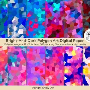 May include: A collection of 12 digital images featuring a bright and dark polygon art design. Each image is 12 x 12 inches and has a resolution of 300 dpi. The images are seamless and high quality. The text "Bright-And-Dark Polygon Art Digital Paper" is displayed.