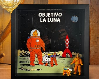 Cuadro de Tintin "Objetivo la luna" con figuras originales elaborado a mano para ti