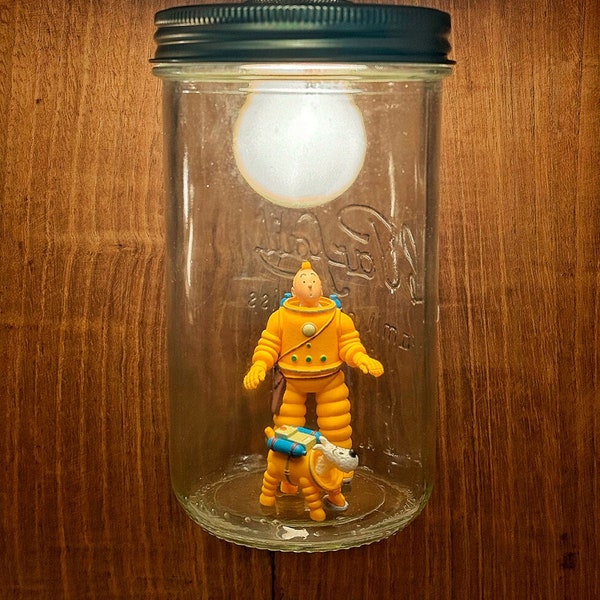 Tintin and Snowy moon landing light jar handmade for you, with recycled materials