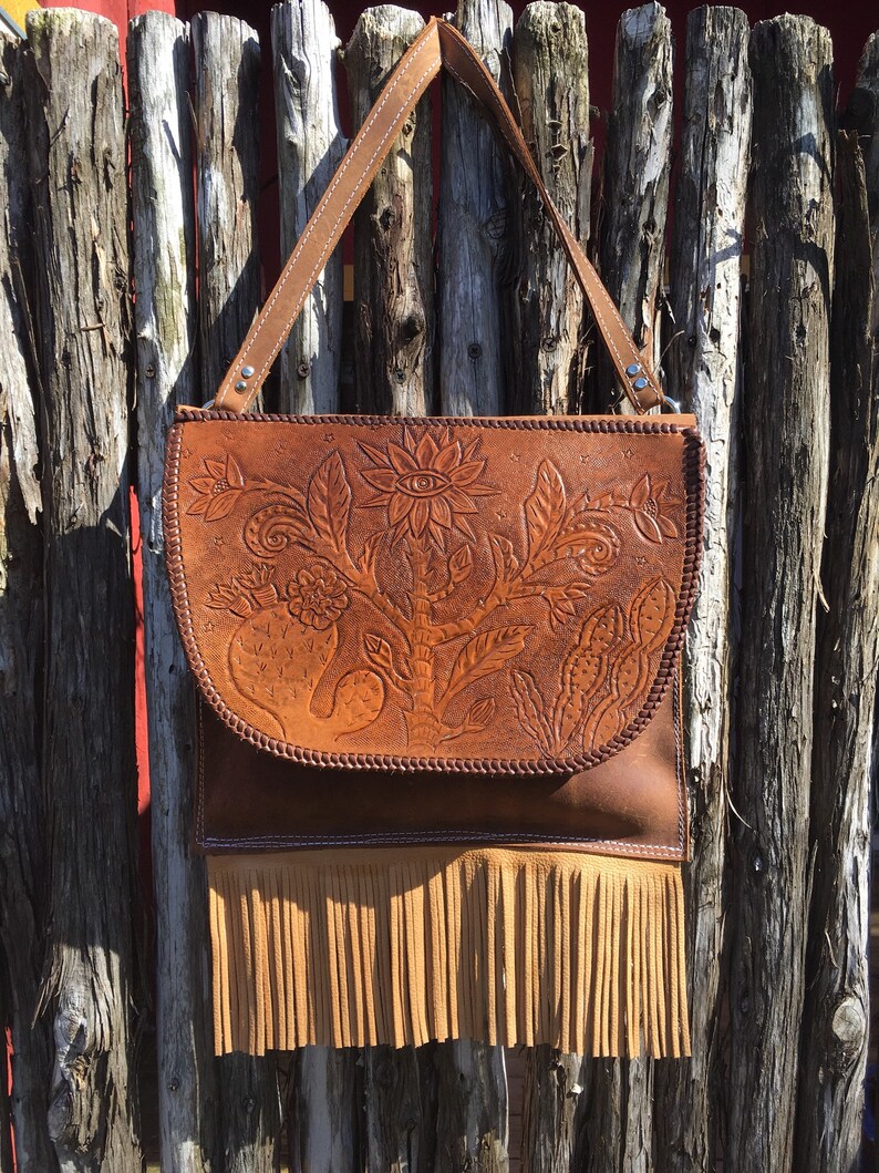 Cosmic cactus tooled leather messenger bag