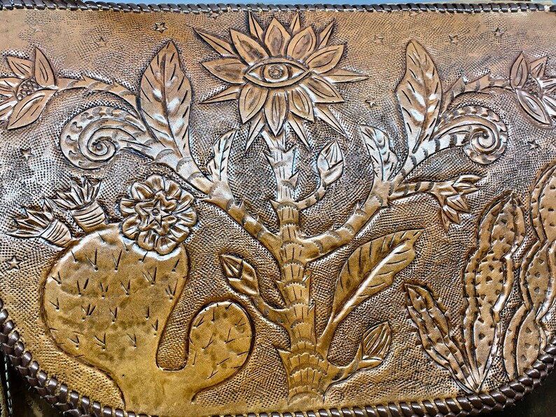 Cosmic cactus tooled leather messenger bag
