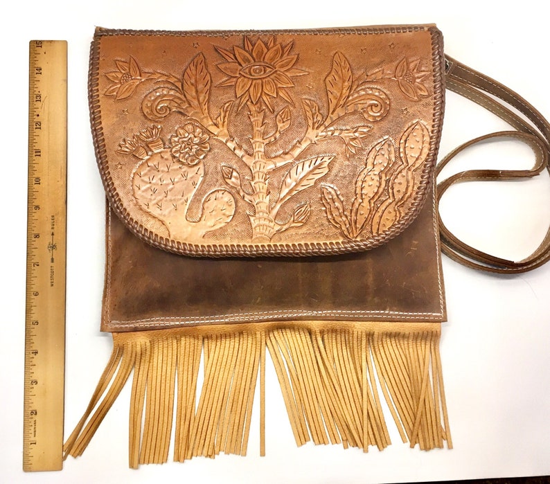 Cosmic cactus tooled leather messenger bag
